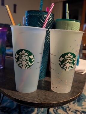 Starbucks Frosted Reusable Cups with Green Siren Logos and Multi-Color Speckles